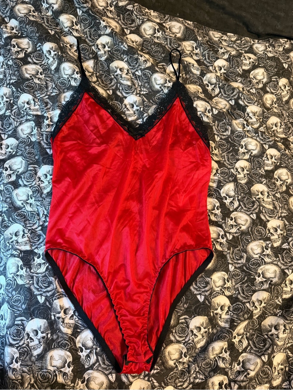 Super rare NWT Vintage Red Satin Lace-Trim Bodysuit NOS Size med made in the USA